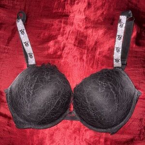 Victoria Secret Black Lace Bra with Logo Straps ( some gems missing)